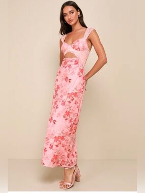 Lulu's Pink Floral Cutout Lace-Trim Maxi Dress